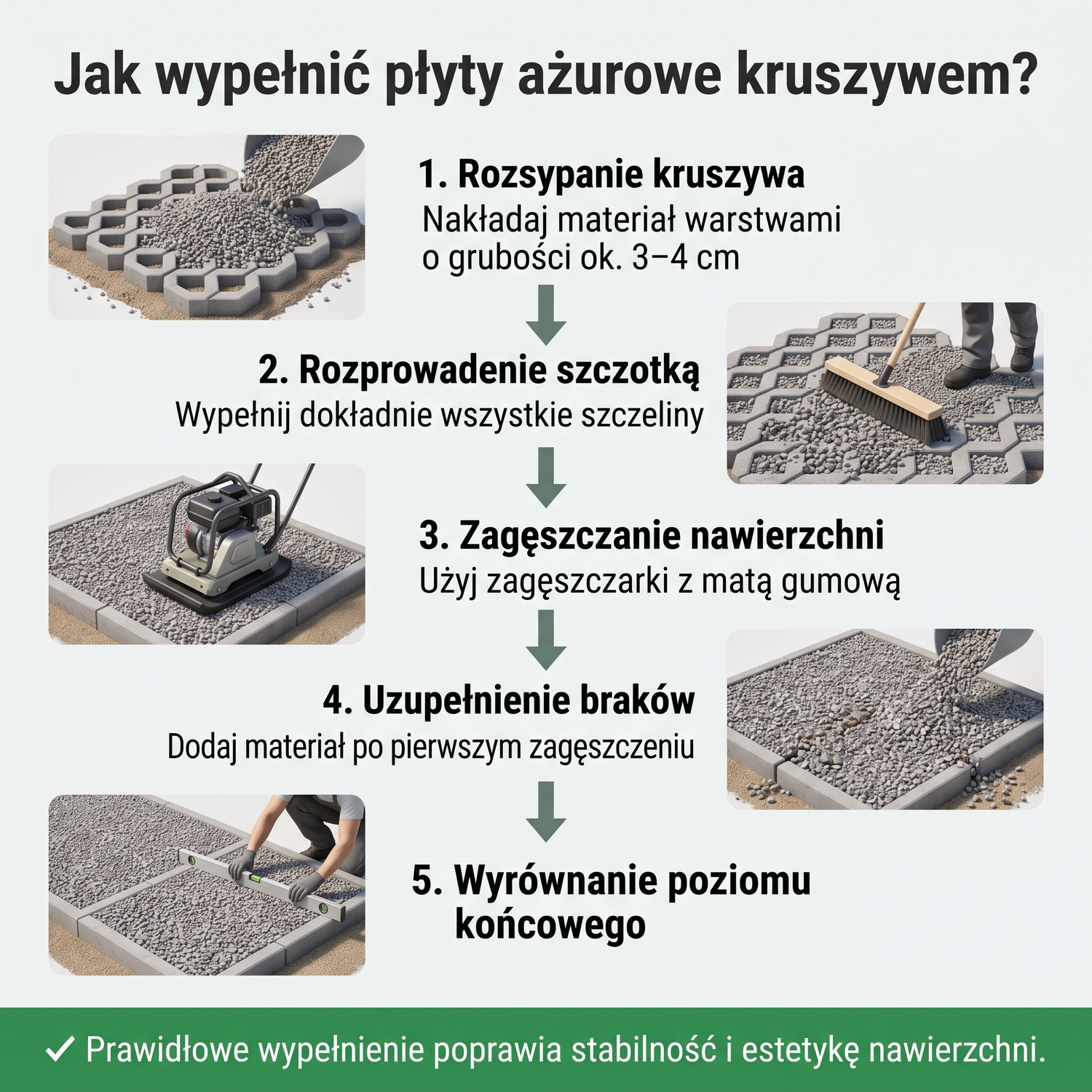 Mechaniczne zagęszczanie kruszywa w płytach ażurowych przy użyciu zagęszczarki z osłoną